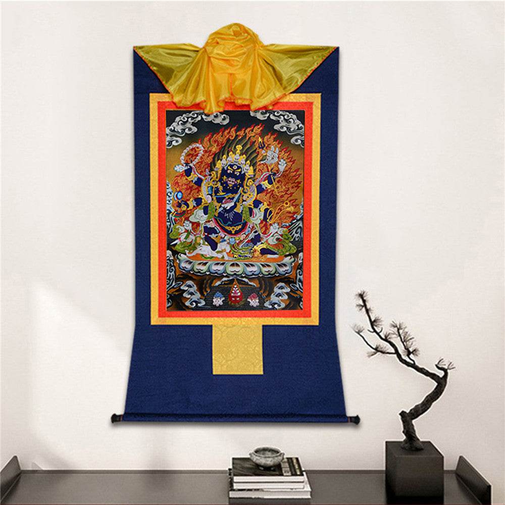 ནག་པོ་ཆེན་པོ། Six Armed Mahakala - Tibetan thangka painting, detailed view