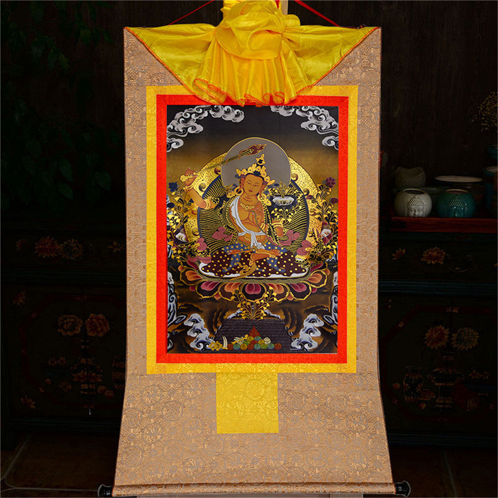 Gandhanra-Thangka-Art-Manjusri-Buddha-of-Wisdom-in-Black-TypeGandhanra Bronzing Printed Tibetan Thangka Art - Manjusri Thangka (Black Type), Hand Framed Tibetan Buddhist Thangka Wall Hanging
