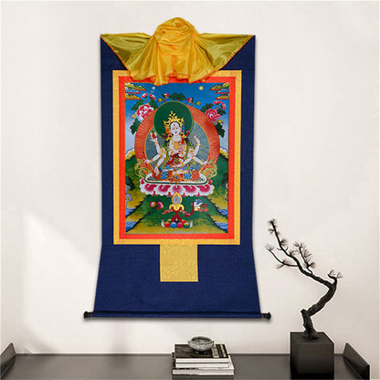 Gandhanra-Thangka-Art-Usnisa-Vijaya-Crown-Superb-Victory-DharaniGandhanra Bronzing Printed Tibetan Thangka Art - Usnisa Vijaya / Namgyalma Thangka, Hand Framed Tibetan Buddhist Thangka Wall Hanging