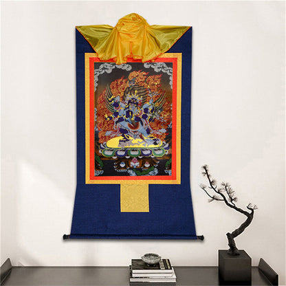 Gandhanra-Thangka-Art-Vajrakilaya-VajrakumaraGandhanra Bronzing Printed Tibetan Thangka Art - Vajrakilaya Thangka, Vajrakumara, Hand Framed Tibetan Buddhist Thangka Wall Hanging
