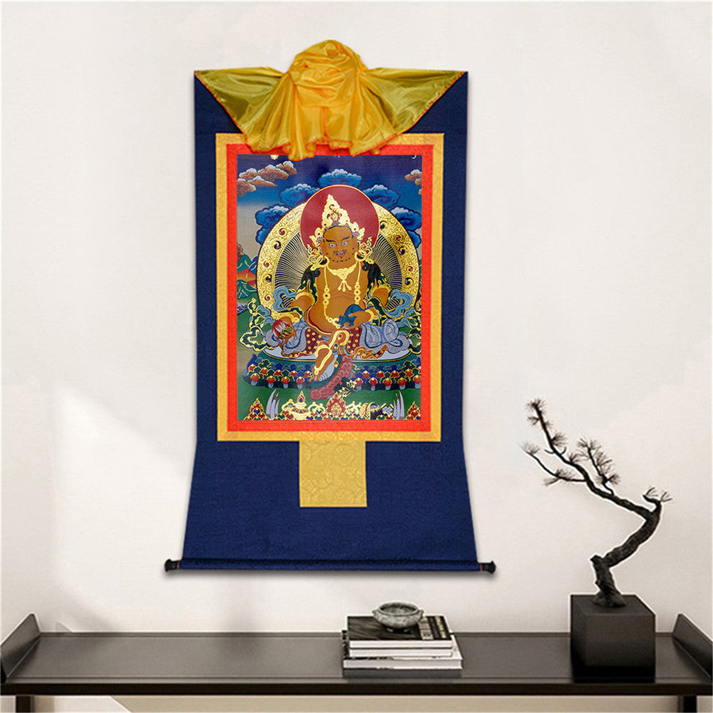 Gandhanra Thangka Art Yellow JambhalaGandhanra Bronzing Printed Tibetan Thangka Art - Yellow Jambhala Thangka,Dzambhala, Hand Framed Tibetan Buddhist Thangka Wall Hanging