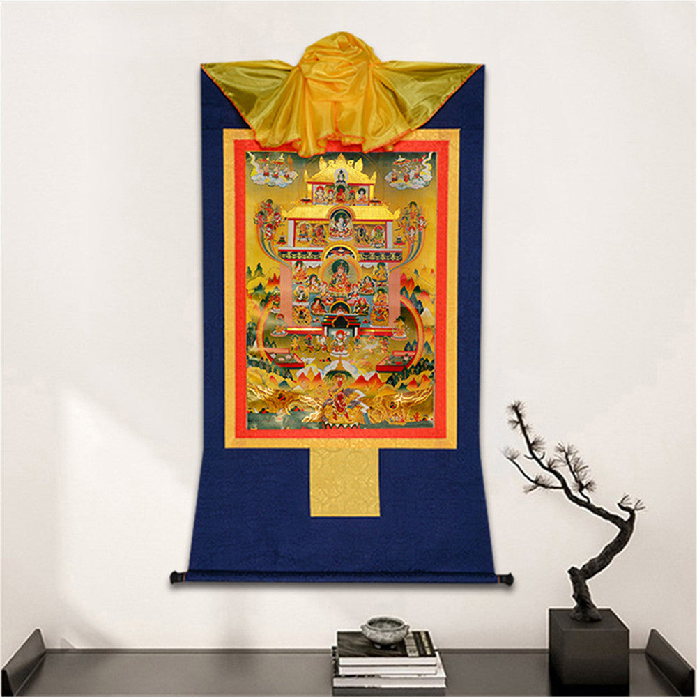 Gandhanra Bronzing Printed Tibetan Thangka Art - Guru Rinpoche Thangka(Pure Land), Hand Framed Tibetan Buddhist Thangka Wall Hanging