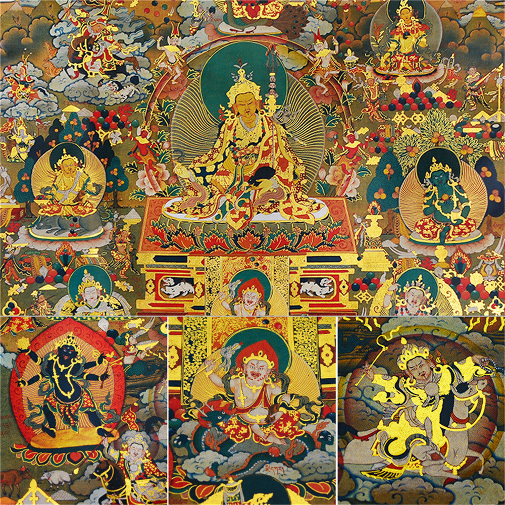Gandhanra-Tibetan-Thangka-Art-Padmasambhava-GuruRinpoche-and-5-Gods-of-wealth