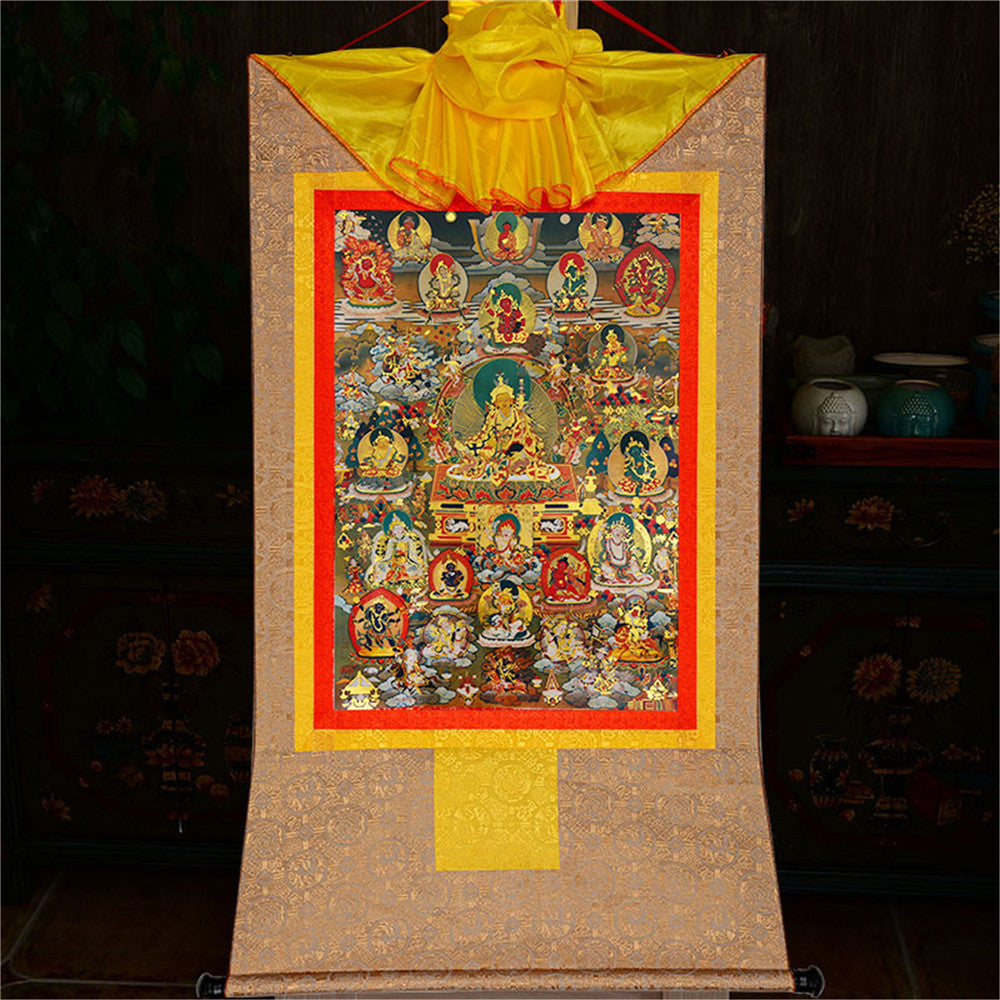 Gandhanra-Tibetan-Thangka-Art-Padmasambhava-GuruRinpoche-and-5-Gods-of-wealth