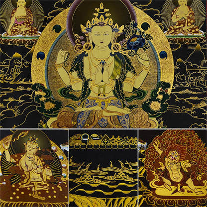Chenrezig in Black Type - Tibetan thangka painting, view 14