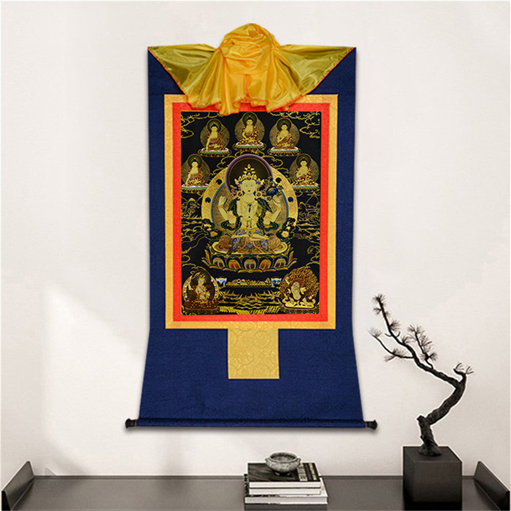 Gandhanra Bronzing Printed Tibetan Thangka Art - Chenrezig Thangka(Black Type), Hand Framed Tibetan Buddhist Thangka Wall Hanging