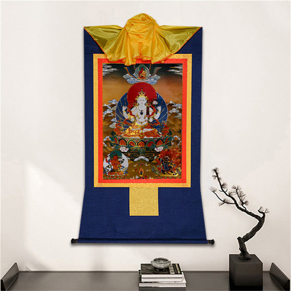 Gandhanra Thangka Art - Avalokitesvara,Padmapani,ChenrezigGandhanra Bronzing Printed Tibetan Thangka Art - Chenrezig Thangka, Hand Framed Tibetan Buddhist Thangka Wall Hanging