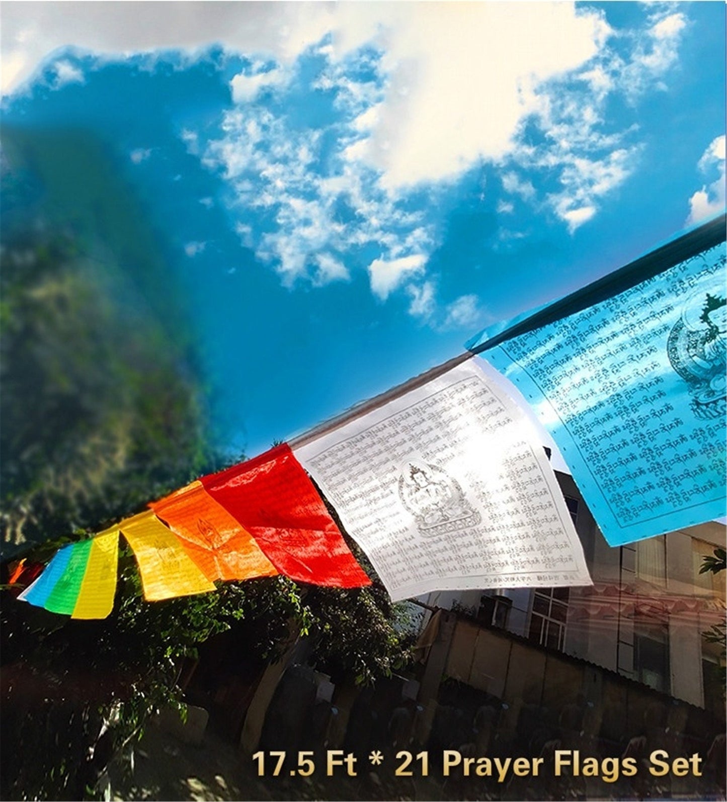 Gandhanra Tibetan Prayer Flags outdoor,17.5 Ft total 21 Flags,Golden Font Printing,Lungta Flag, WindHorse Flag,Meditatiaon Flag