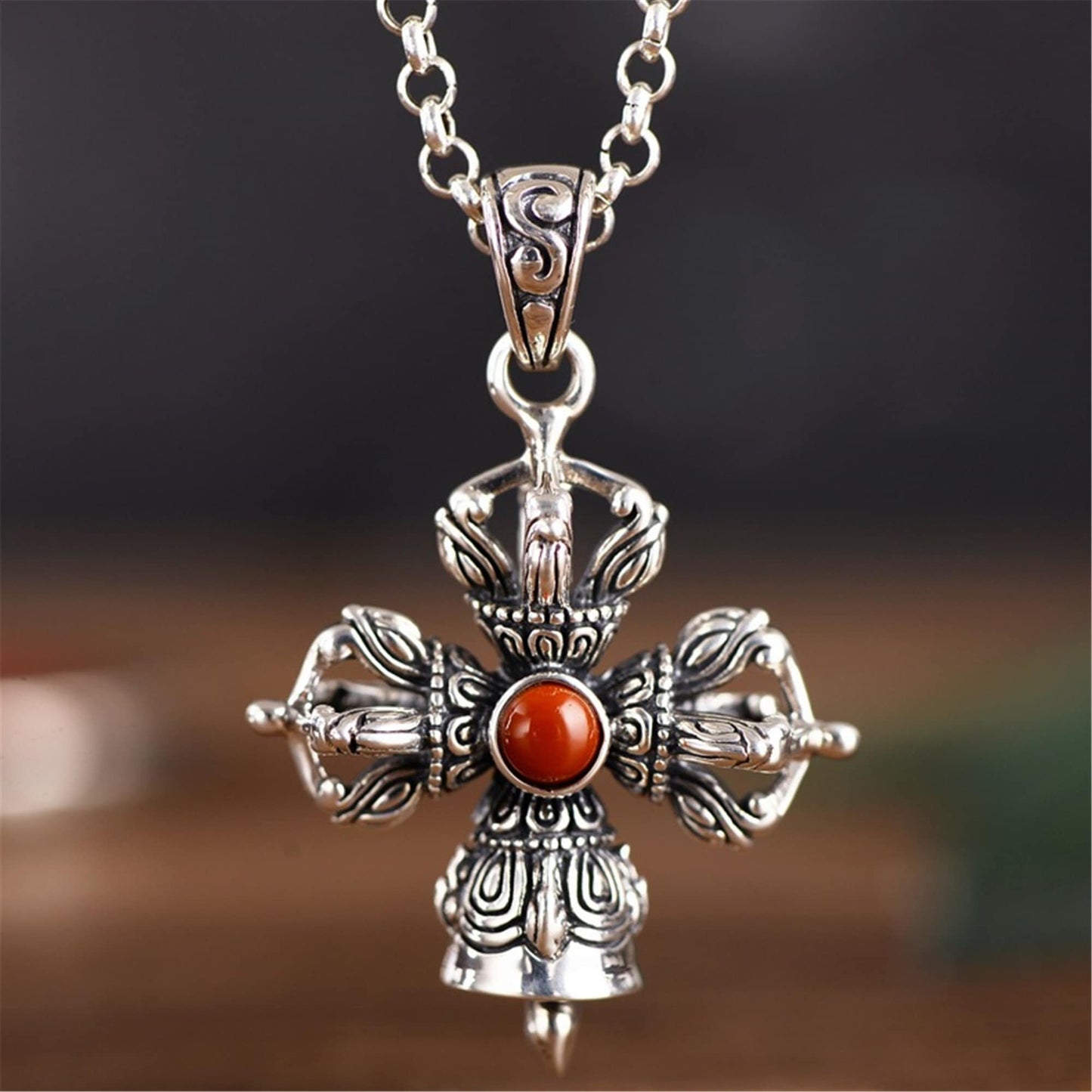 Gandhanra HandmadeTibetan Buddhist Amulet,Cross Vajra Wand Pendant,Sterling Silver