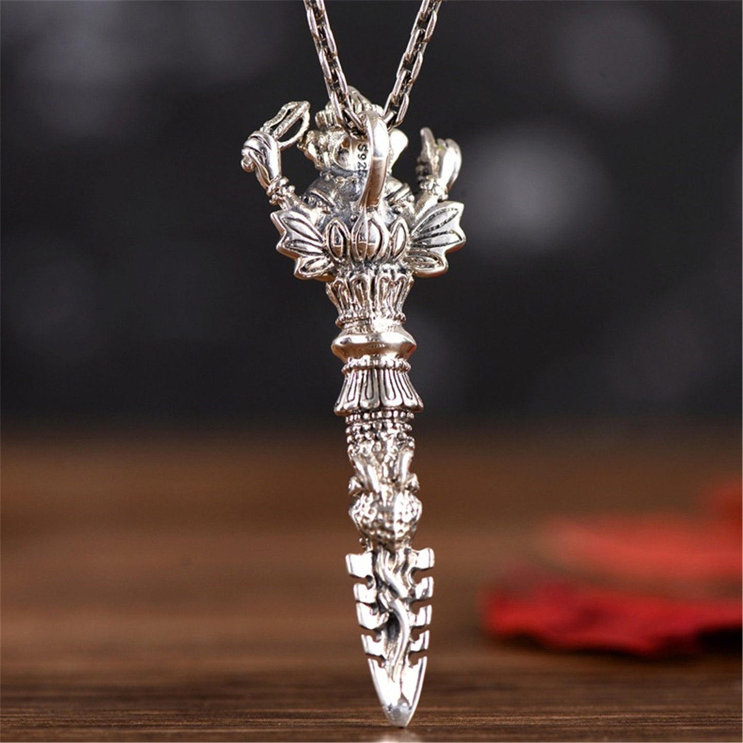 Gandhanra Handmade Dorje Phurba Dagger Necklace,Vajra Pendant,Kila Amulet, Sterling Silver Tibetan Jewelry