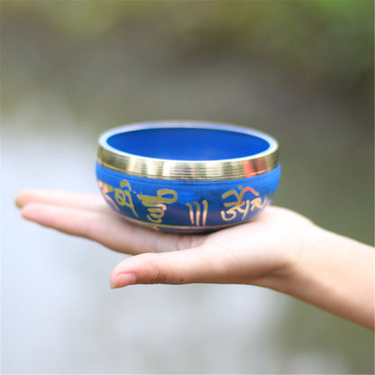 Gandhanra 3.35”-4.15” Unique Blue Tibetan Singing Bowl Carved with Beautiful Scriptures / Cross Vajra
