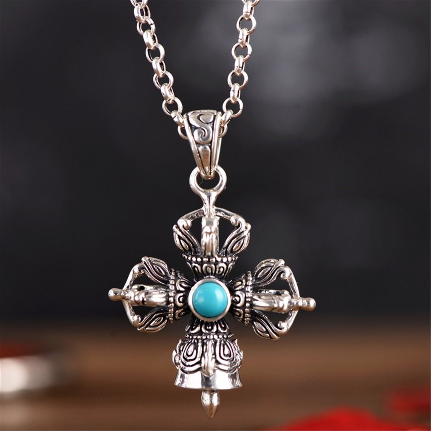 Gandhanra HandmadeTibetan Buddhist Amulet,Cross Vajra Wand Pendant,Sterling Silver