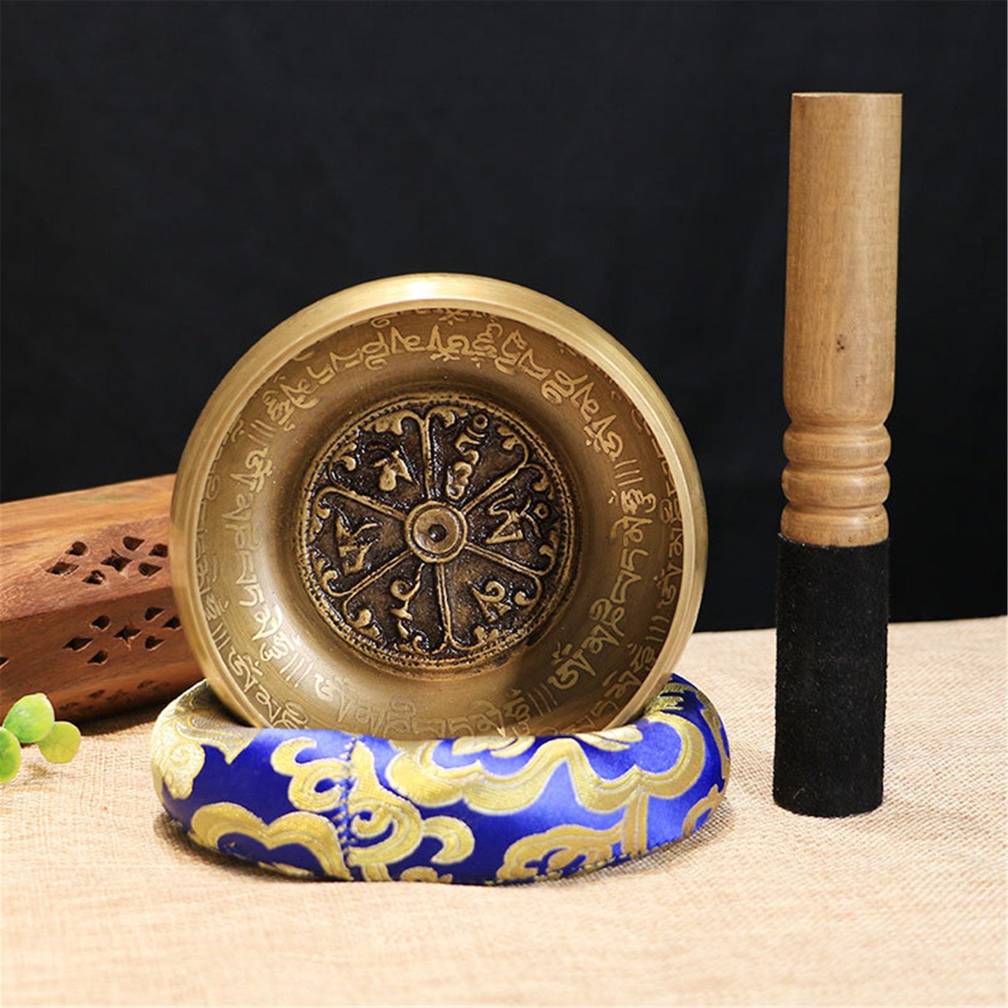 Gandhanra 4.7" Tibetan Singing Bowl Carved with Buddha Statues and Mentra