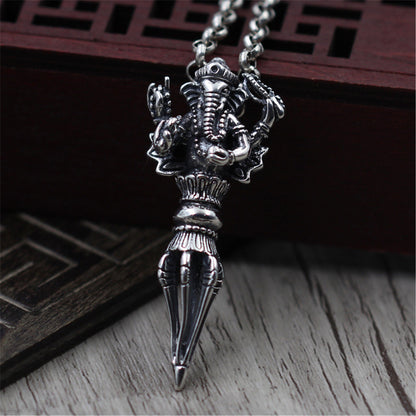 Gandhanra Dorje Phurba Dagger Necklace,Ganesha Pendant(Elephant God),Kila Amulet, Sterling Silver Tibetan Jewelry