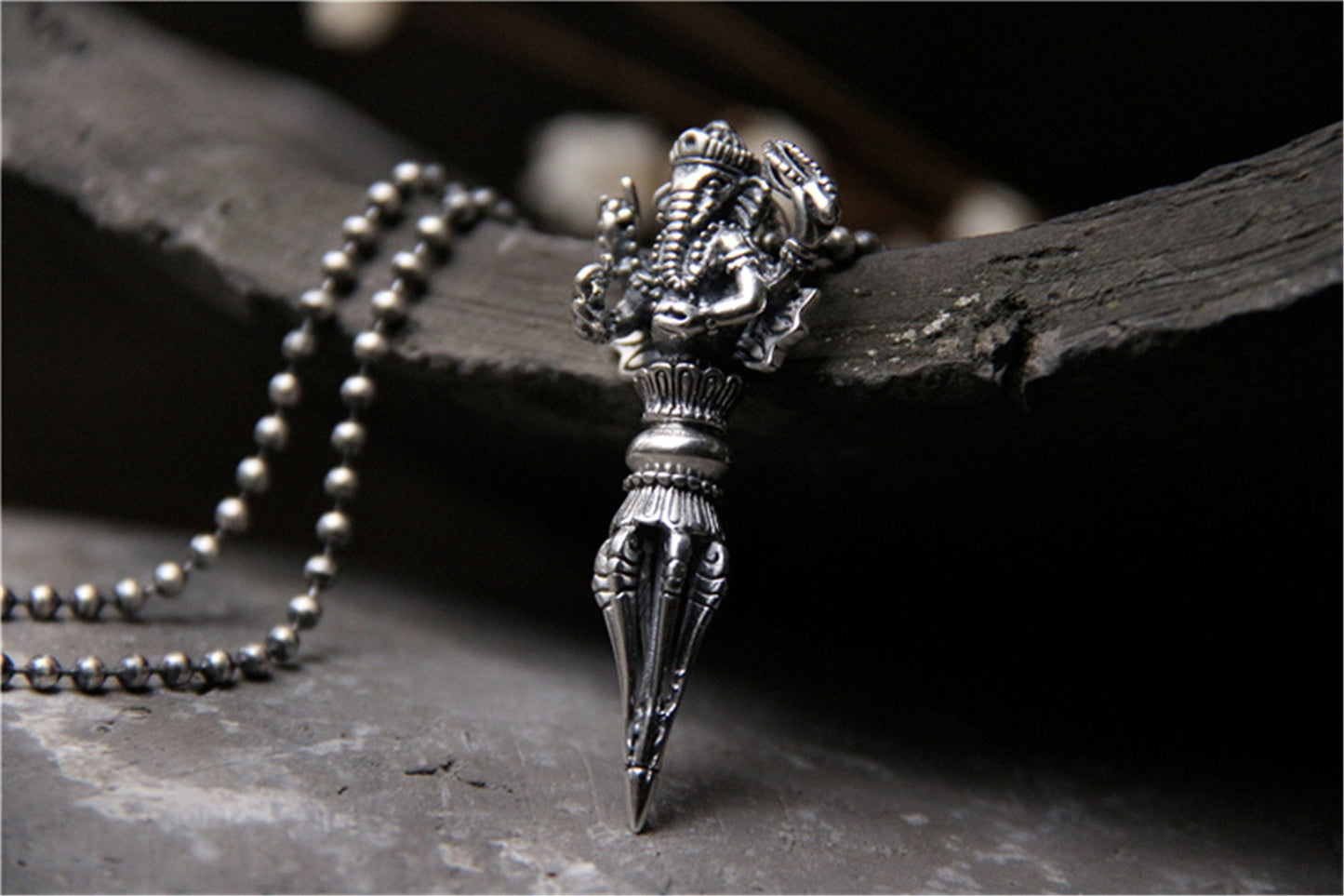 Gandhanra Dorje Phurba Dagger Necklace,Ganesha Pendant(Elephant God),Kila Buddhist Protection Amulet, Sterling Silver Tibetan Jewelry