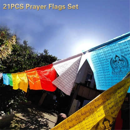 Prayer Flags of Om Mani Padme Hum,17.5 Ft total 21 Flags - Tibetan Buddhist art, close-up detail