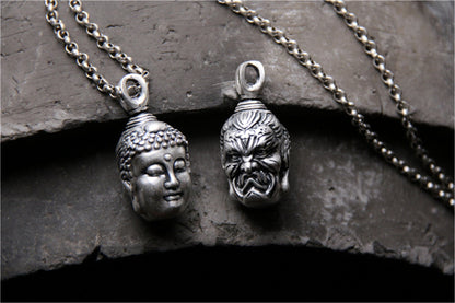 Gandhanra Unique Double sided Amulet Pendant of Tibetan Buddhist and Demon,Handmade Sterling Silver Jewelry,Spiritual Protection Necklace