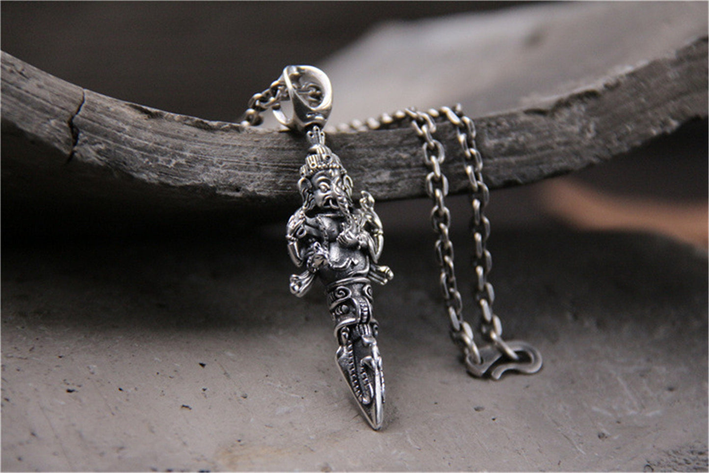 Gandhanra Dorje Phurba Dagger Necklace,Ganesha Pendant(Elephant God),Kila Buddhist Protection Amulet, Sterling Silver Tibetan Jewelry