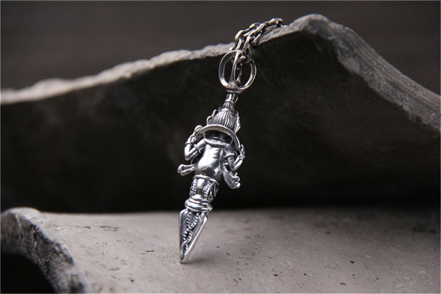 Gandhanra Dorje Phurba Dagger Necklace,Ganesha Pendant(Elephant God),Kila Buddhist Protection Amulet, Sterling Silver Tibetan Jewelry