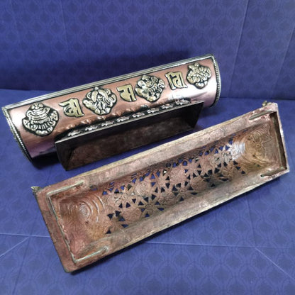 Gandhanra Vintage Copper Incense Burner Holder, Hollow Carved with Ashtamangala(Eight Auspicious),Incense Ash Catcher Box,Handmade in Nepal