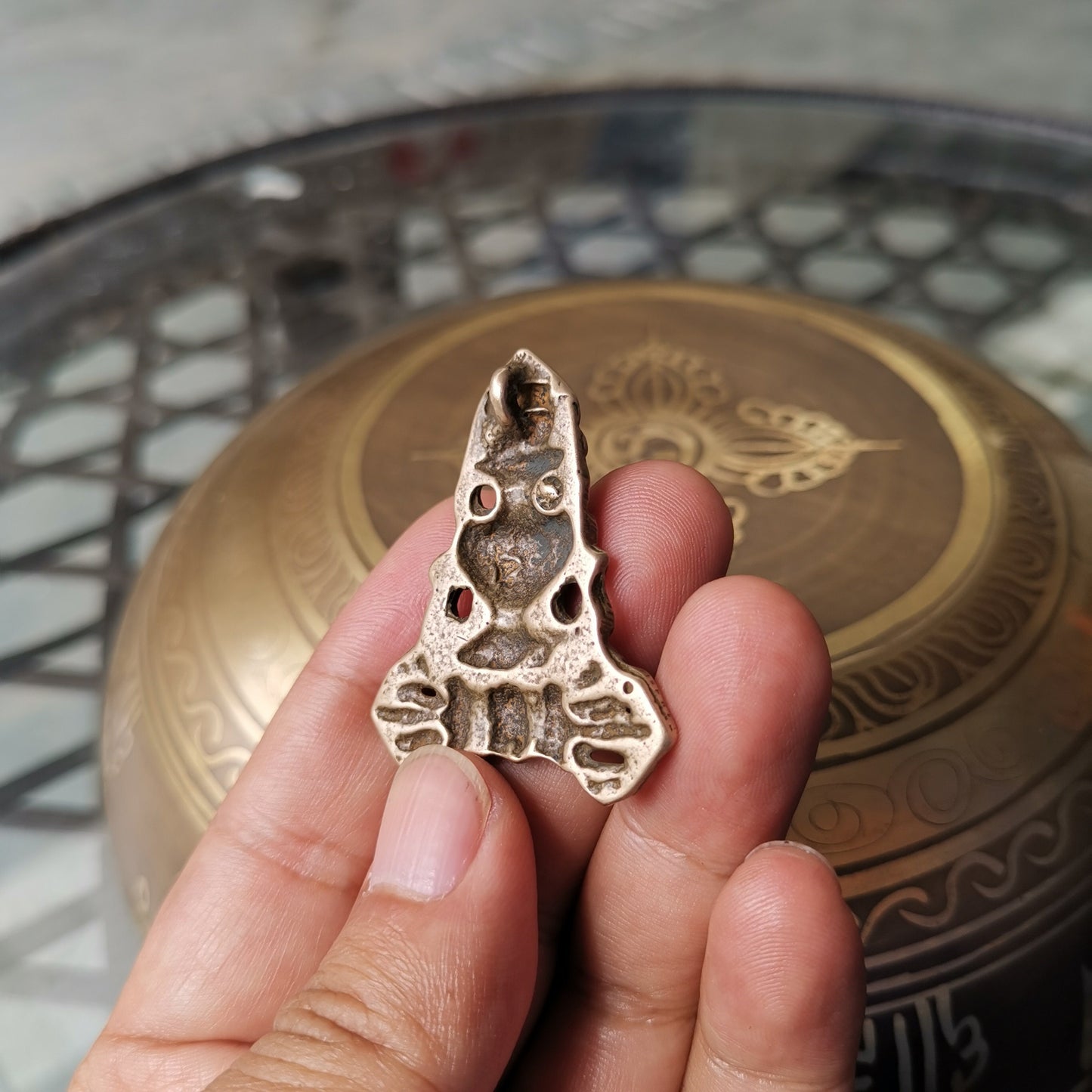 Gandhanra Antique Tibetan Buddhist Amulet Pendant,Triratna Symbol Badge, Nubro,Made of Brass,60 Years Old