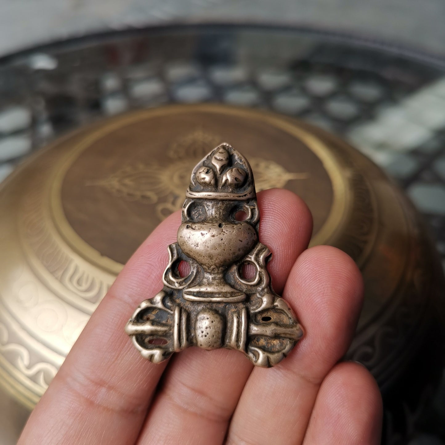 Gandhanra Antique Tibetan Buddhist Amulet Pendant,Triratna Symbol Badge, Nubro,Made of Brass,60 Years Old