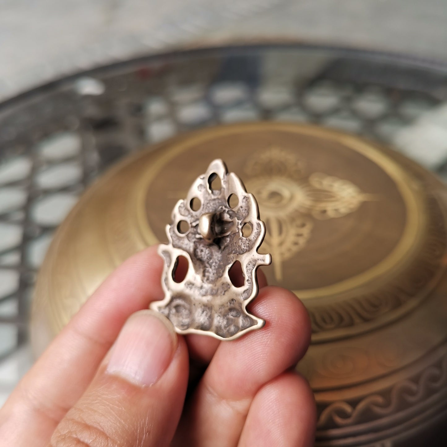 Gandhanra Antique Tibetan Buddhist Amulet,Mani Jewel/Wish-Fulfilling Cintamani Badge, Nubro,Made of Brass,50 Years Old