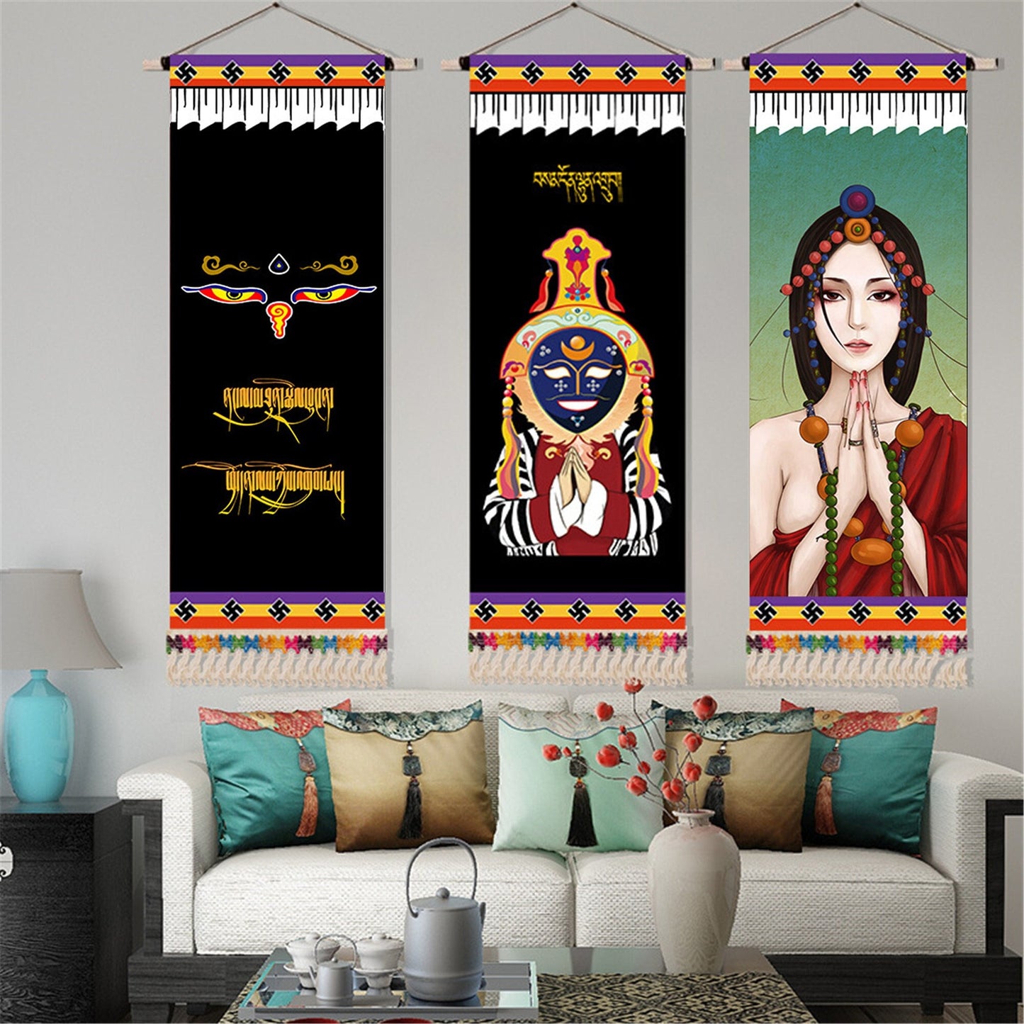 Tibetan Lovers Portrait Wall Art Scroll Tapestry