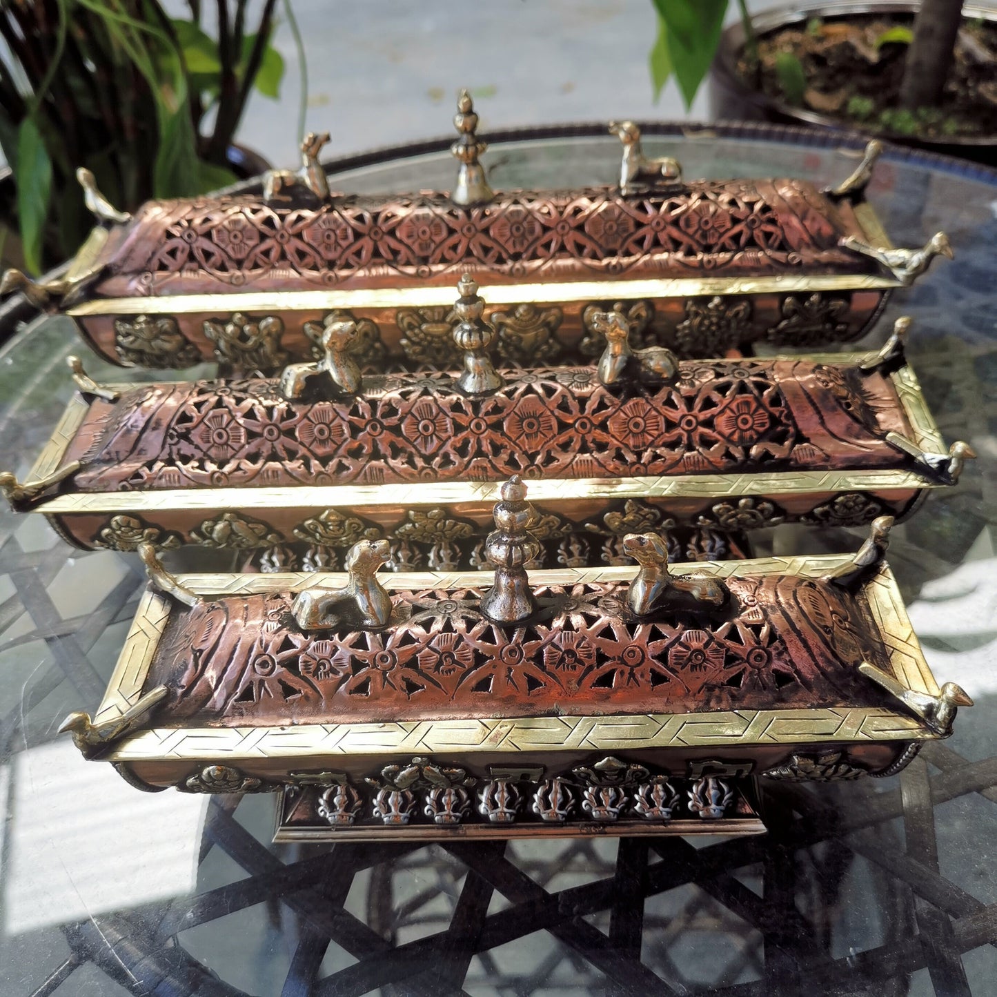 Gandhanra Vintage Copper Incense Burner Holder, Hollow Carved with Ashtamangala(Eight Auspicious),Incense Ash Catcher Box,Handmade in Nepal