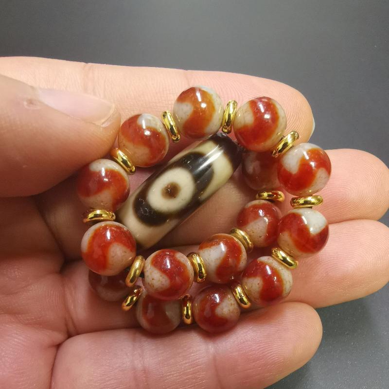 Gandhanra Tibetan Dzi Bead Bracelet,Fire Agate 3 Eyes Dzi Bead Bracelet