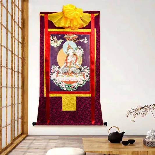 White Tara,Woodblock Thangka Art - Tibetan thangka painting, front view