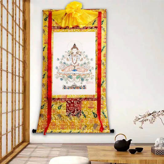 Chenrezig Woodblock Thangka Art - Tibetan thangka painting, front view