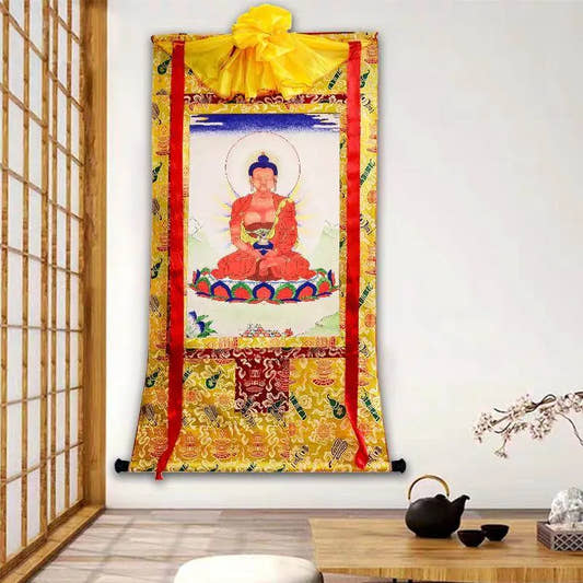 Amitayus,Buddha Of Infinite Life,Woodblock Thangka Art - Tibetan thangka painting, front view