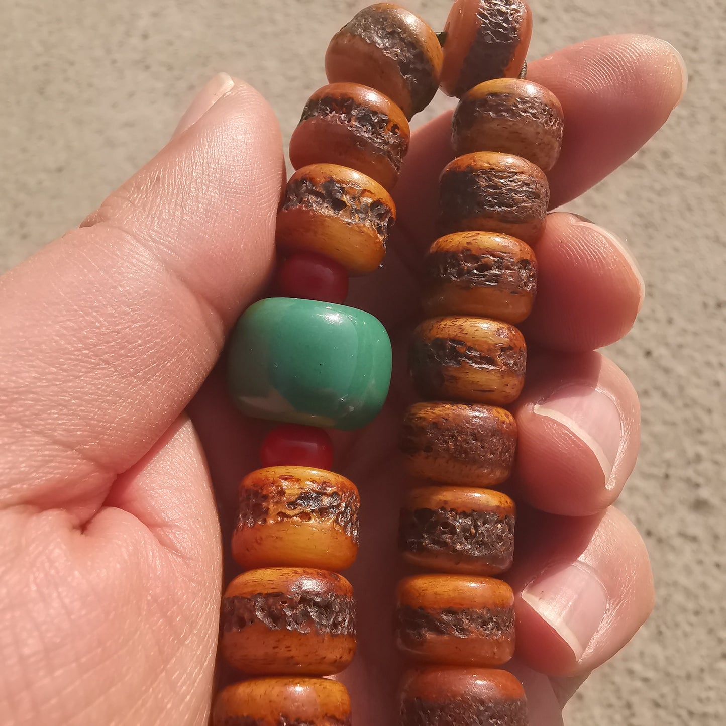 Handmade Tibetan Yak Bone Mala Beads + Turquoise Bracelet, Hand-carved Amulet Bracelet,for Meditation and Prayer