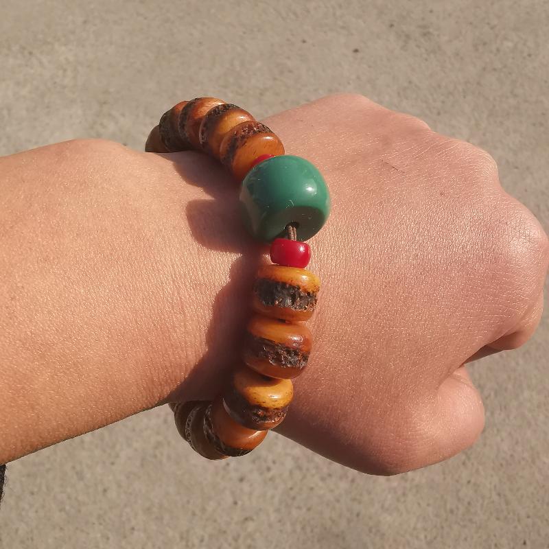 Handmade Tibetan Yak Bone Mala Beads + Turquoise Bracelet, Hand-carved Amulet Bracelet,for Meditation and Prayer