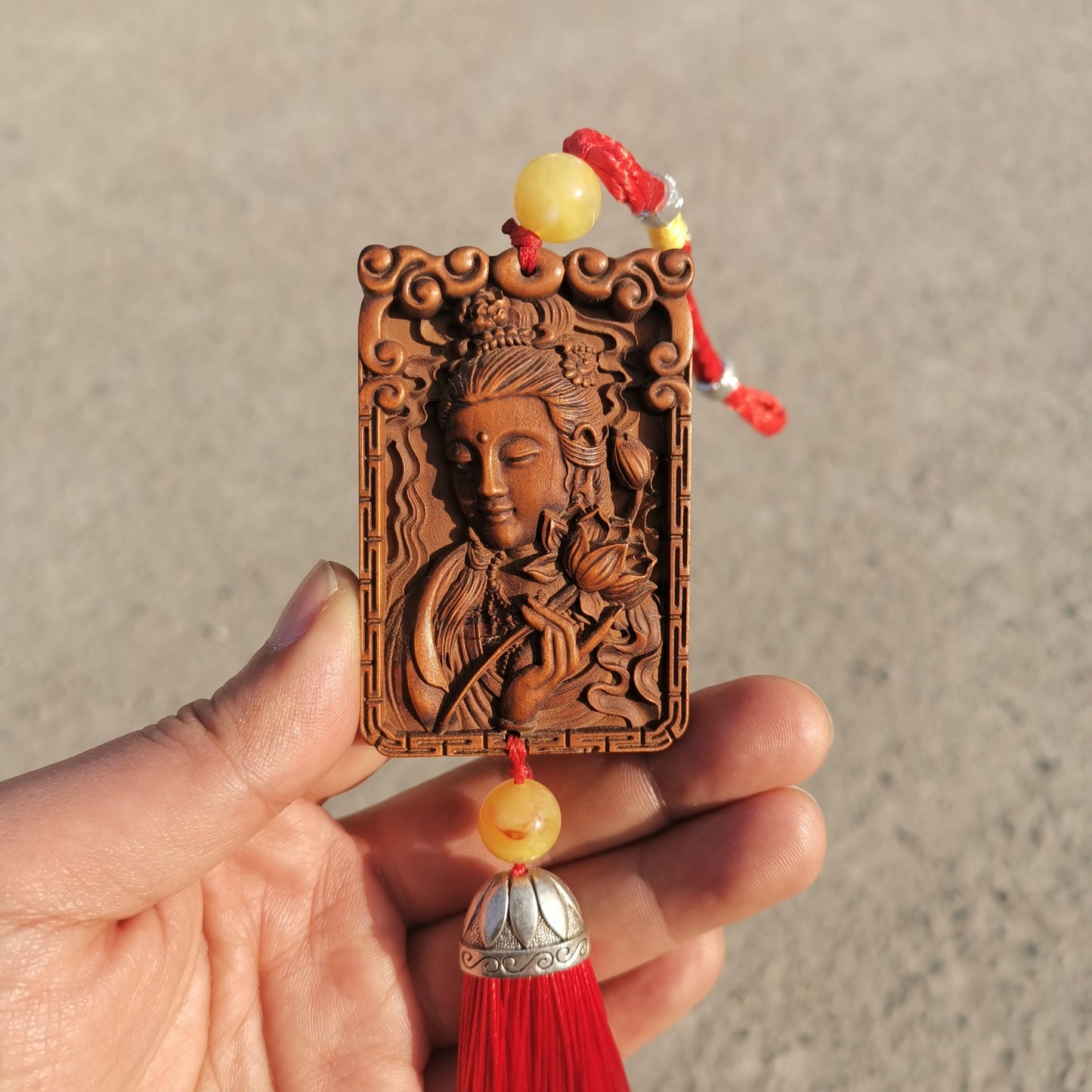 Gandhanra Hand Carved Boxwood Avalokitesvara with Tassels, Kuanyin Pendant Ornament for Car and Home, Bless peace