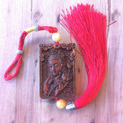 Gandhanra Hand Carved Boxwood Avalokitesvara with Tassels, Kuanyin Pendant Ornament for Car and Home, Bless peace
