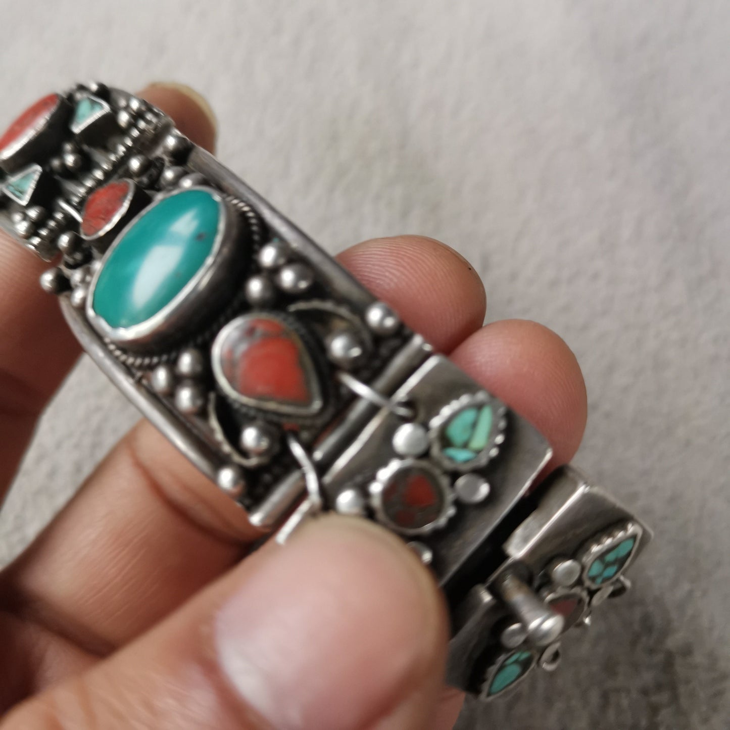 Gandhanra Handmade Antique Silver Bracelet inlaid with Turquoise and Red Coral,Collected from Tibet