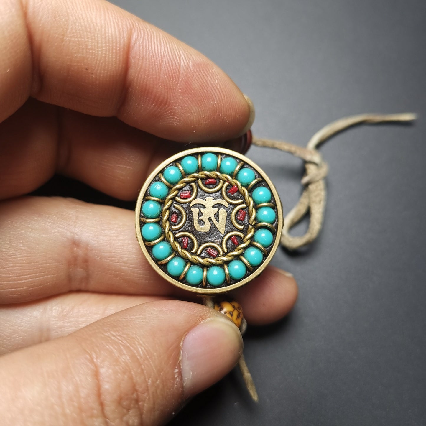Gandhanra Handmade Tibetan Buddhism Amulet Pendant, Turquoise Beads Pendant, Inlaid With OM Symbol, Spiritual Gift.40 Years Old