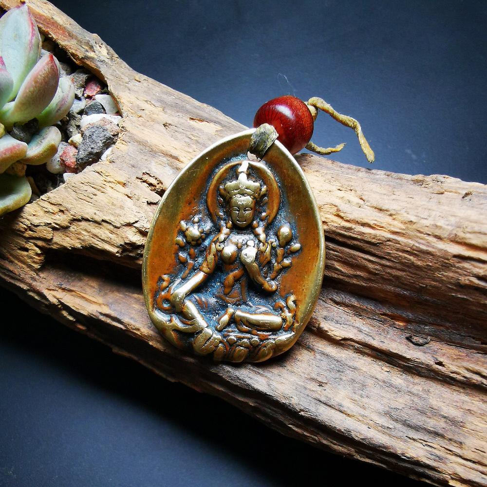 Gandhanra Antique Tibetan Buddhist Amulet,Green Tara Pendant,Jetsun Dolma,Made of Brass