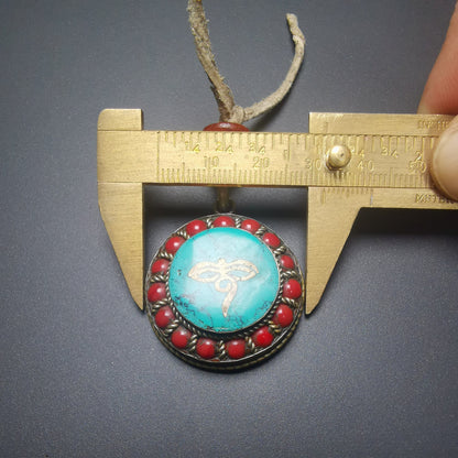 Gandhanra Handmade Tibetan Buddhism Amulet Pendant, Turquoise & Coral Pendant, Inlaid With Buddha Eyes, Spiritual Gift.50 Years Old