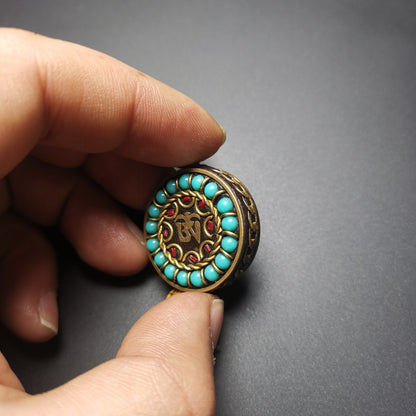 Gandhanra Handmade Tibetan Buddhism Amulet Pendant, Turquoise Beads Pendant, Inlaid With OM Symbol, Spiritual Gift.40 Years Old