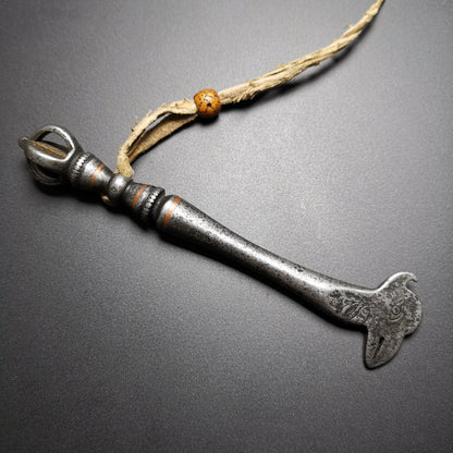 Gandhanra Antique Tibetan Thokcha Pendant,Pickaxe Amulet, Trantic Buddhism Dharma Ritual, Made of Thunder Iron,Copper Wire Inlay