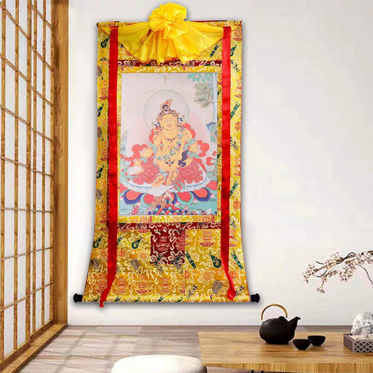 Yellow Jambhala ,Woodblock Thangka Art - Tibetan thangka painting, front view