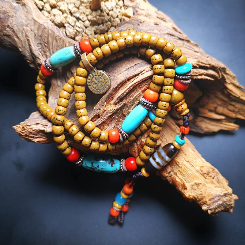 SOLD - Old Assorted Mala with Dzi,Turquoise,Agate,80 Years Old