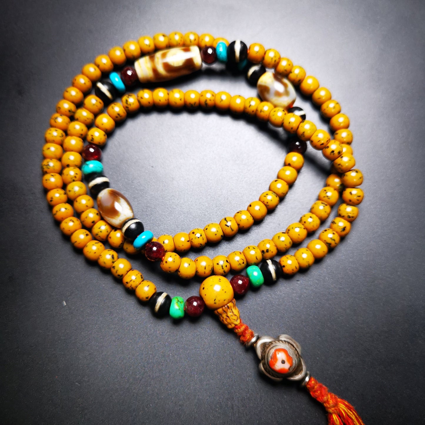 SOLD - Handmade Old Mala,Prayer Beads Necklace,Assorted Bodhi,Dzi,Turquoise,Agate, for Meditation and Prayer,80 Years Old