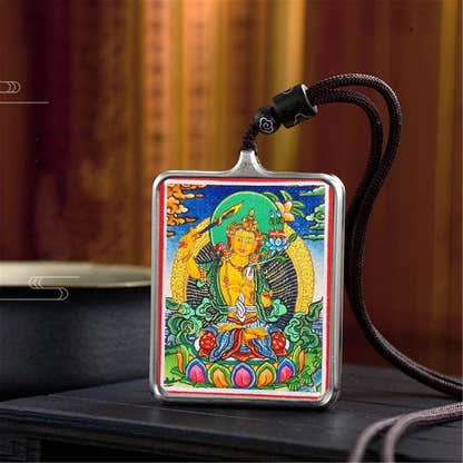 Handpainted Locket Thangka Amulet,Manjusri,Wisdom Buddha - Tibetan thangka painting, close-up detail