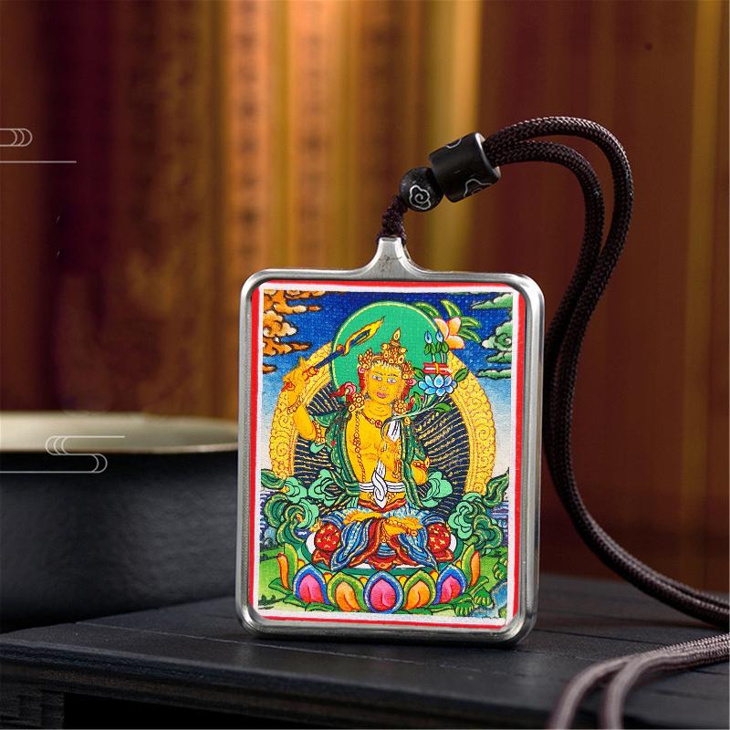 Gandhanra Handpainted Locket Thangka Amulet,Manjusri,Wisdom Buddha,Packed in Gau Shrine Box