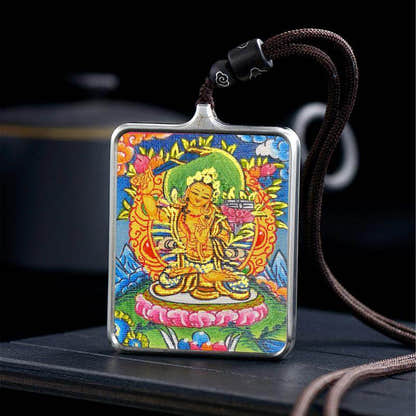 Handpainted Locket Thangka Amulet,Manjusri,Wisdom Buddha - Tibetan thangka painting, detailed view
