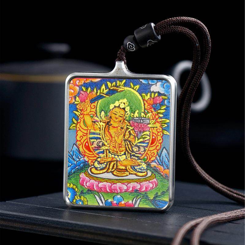 Handpainted Locket Thangka Amulet,Manjusri,Wisdom Buddha - Tibetan thangka painting, detailed view